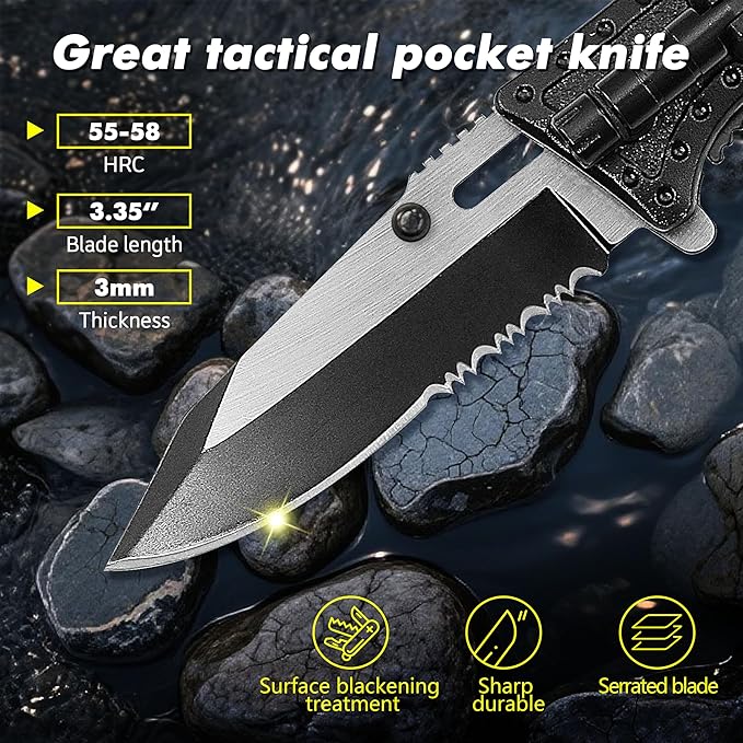 5-in-1 Dispatcher Tactical Knife with Glass Breaker, Seatbelt Cutter,Steel Serrated Blade,Flashlight and Carrying bag, Good for Military Emergency Outdoor Rescue (blue)