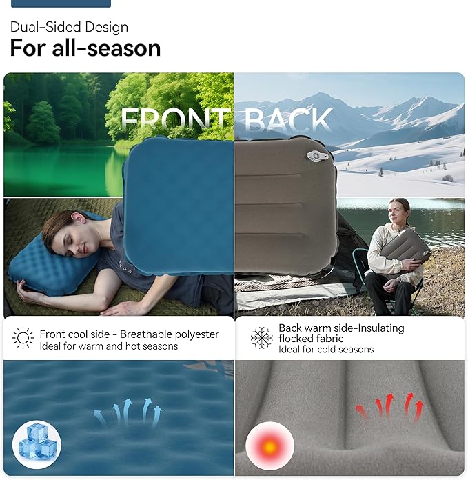 MARCHWAY Inflatable Camping Pillow with Soft Foam Top & TPU Air Bladder, Dual-Sided Support for All-Season, Lightweight Compact Travel Pillow for Hiking, Backpacking, Airplane, Car (Blue)