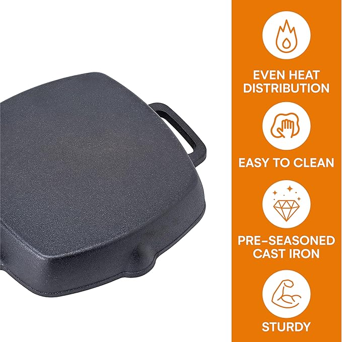 Bruntmor 10 Inch Square Cast Iron Grill Pan Steak Pan Pre Seasoned Grill Pan with Easy Grease Drain Spout, with Large Loop Handles for Grilling Bacon, Steak, and Meats