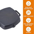 Bruntmor 10 Inch Square Cast Iron Grill Pan Steak Pan Pre Seasoned Grill Pan with Easy Grease Drain Spout, with Large Loop Handles for Grilling Bacon, Steak, and Meats