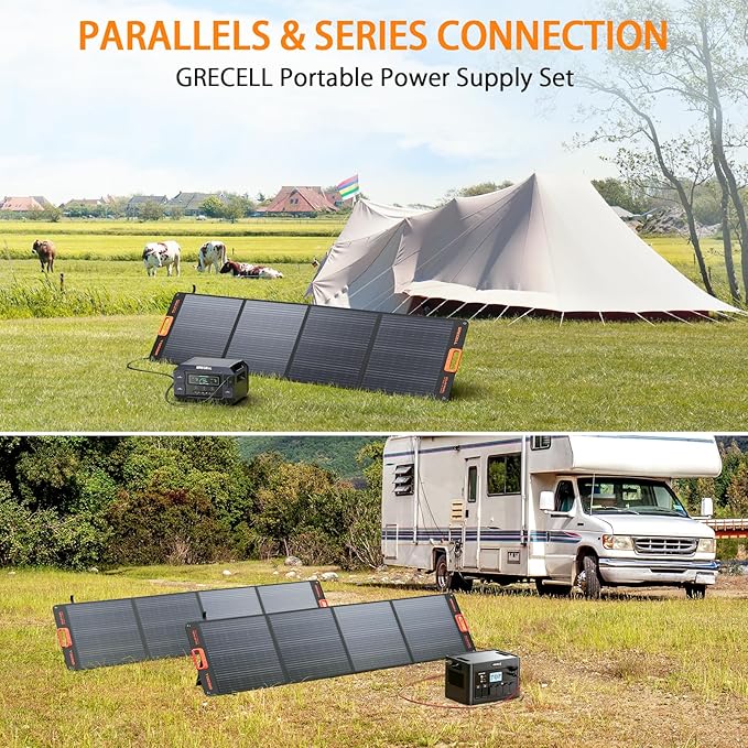 GRECELL 200W Portable Solar Panel for Power Station, Foldable Solar Charger w/ 4 Kickstands, IP65 Waterproof Solar Panel Kit w/DC XT60 Anderson Aviation Output for Outdoor RV Camper Blackout