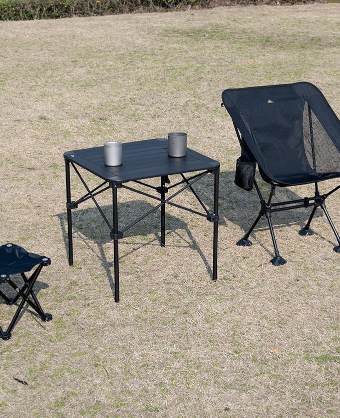 iClimb Lightweight Stable Alu. Folding Square Table Roll Up Top with Carry Bag for Camping Picnic Backyards BBQ Camp Kitchen (Black, M)