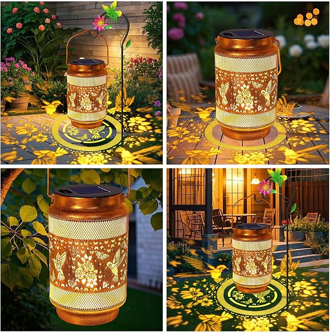 Hummingbird Solar Lanterns Outdoor Waterproof with Shepherd Hook, Birthday Mothers Day Gifts for Women Mom Grandma, Metal Solar Hanging Lights Garden Decor for Outside Yard Patio Pathway Porch