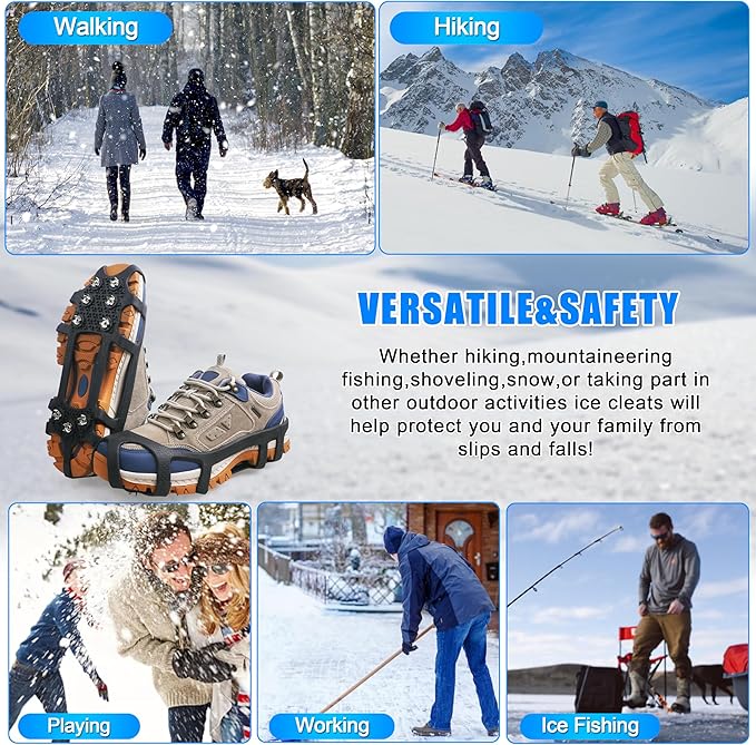 Ice Cleats for Shoes and Boots Snow Traction Cleats Crampons for Walking on Snow and Ice 9 Studs Non-Slip Overshoe Rubber Anti Slip Crampons Slip-on Stretch Footwear Winter Hiking Climbing Ice Fishing
