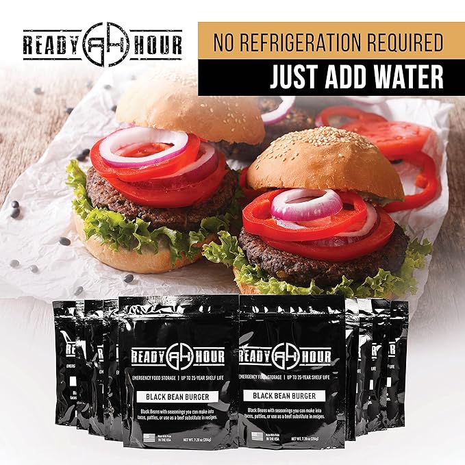 Ready Hour, Black Bean Burger Mix, Real Non-Perishable Recipe, 25-Year Shelf Life, Emergency and Adventure Food Supply, Includes 10 Resealable Pouches, 60 Servings