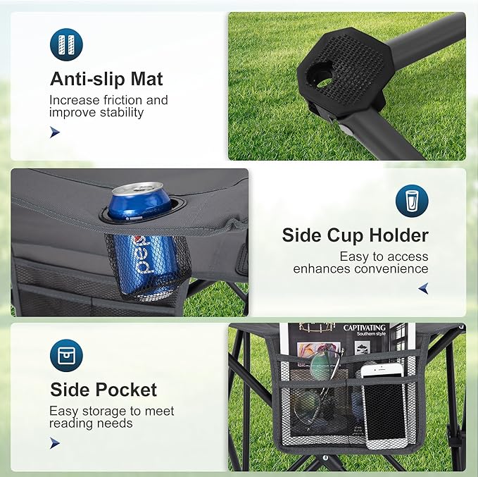 LET'S CAMP Camping Chair 2 Pack Folding Chair with 3-Can Cooler Bag Portable Lawn Chair with Cup Holder,Storage Pocket, Supports 225LBS, Collapsible Chair for Camp, Beach, Picnic (Grey)