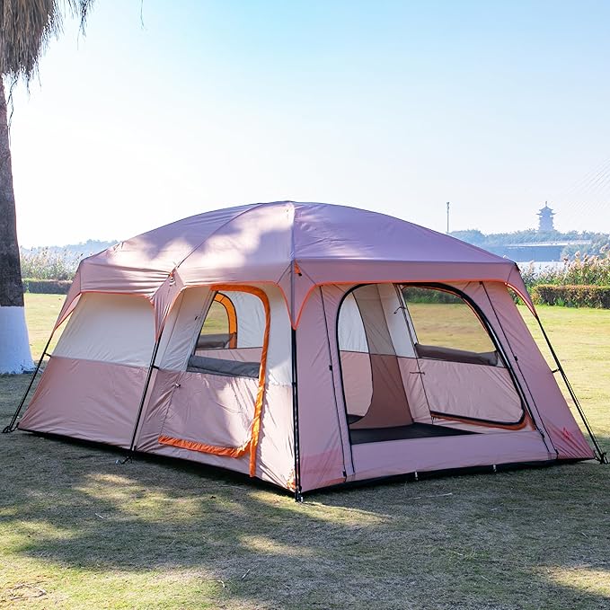KTT Large Family Cabin Tent 10-12 Person,14.1X10X6.58ft,2 Rooms,3 Storage Pockets,2 Bay-Windows 3 Doors and 3 Windows with Mesh,Straight Wall,Waterproof,Double Layer,Big Tent for Outdoor,Camping