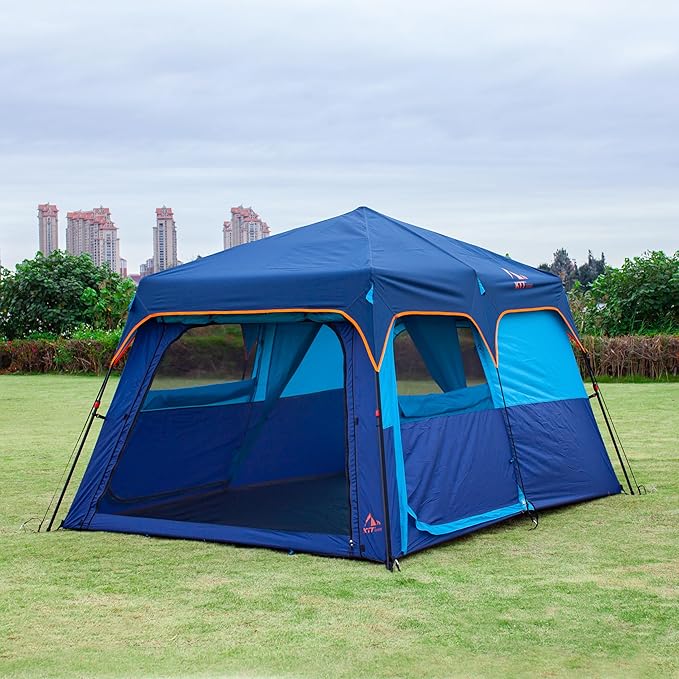 KTT Large Tent 6-12 Person,Family Cabin Tents,Straight Wall,3 Doors and 3 Windows with Mesh,Waterproof,Big Tent for Outdoor,Picnic,Camping,Family,Friends Gathering.
