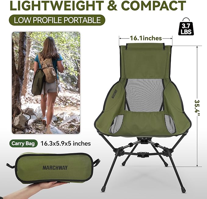 MARCHWAY Lightweight Folding High Back Camping Chair with Head Support, Stable Portable Compact for Outdoor Camp, Travel, Beach, Picnic, Festival, Hiking, Backpacking (Highback Green)