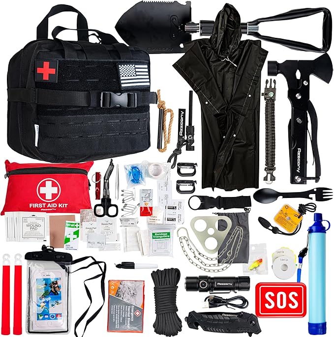 Emergency Survival Kit with First Aid Gears and Supplies - EDC Go Bugout Bag - Get Home Backpack for Camping Outdoor - Tactical Military Molle Pouch Grade - Gift for Man Woman