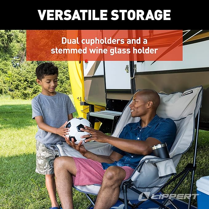 Lippert Big Bear Padded Camping Chair with 400-lb. Weight Capacity, Carry Bag, Durable Mesh Fabrics, High-Loft Cushioning, Dual Cupholders, Stemmed Wine Glass Holder (Sand) - 2021010667