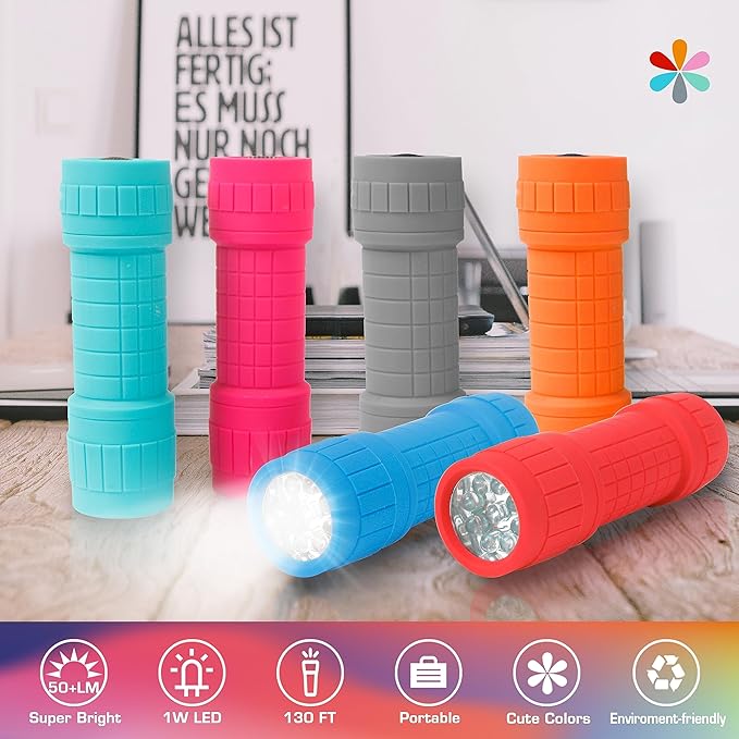 EverBrite 9-LED Flashlight 6-Pack Impact Handheld Torch Assorted Colors with Lanyard 3AAA Battery Included (Hurricane Supplies, Camping, Hiking, Emergency, Hunting)