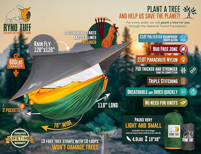 XL 2 Person Camping Hammock with Mosquito Net & Rain Fly - Compact Double Hammock with Bug Net, Tarp, Pocket, Tree Straps & Heavy Duty Carabiners - Parachute Grade Nylon Holds Over 600lbs