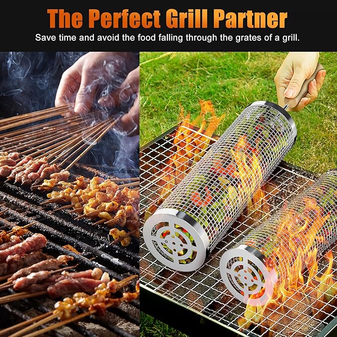 Rolling Grilling Baskets for Outdoor Grill, 2 Pcs BBQ Grill Basket, Stainless Steel Barbeque Grill accessories set, Camping Picnic Cooking Tools for Vegetable/Shrimp/Chicken, Gifts for Men Dad Husband