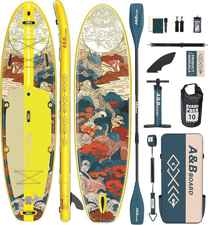 ABBOARD Inflatable Stand Up Paddle Boards - Extra Wide Fishing Paddleboard,Cool Design,Ultra Stable Standup SUP,5 Handles,15 D-Rings, Camera Mount,10L Dry Bag,100L Backpack, Youth/Adults