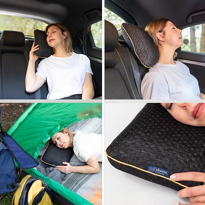 Travel & Camping Comfortable Memory Foam Pillow – Easy to Carry Portable Bag – Temperature Regulating Pillow Case (Black)