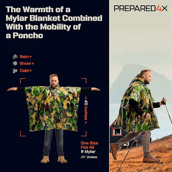 PREPARED4X Emergency Poncho and Mylar Blanket Liner - Waterproof, Wind-Resistant Outdoor Rain Poncho for Camping, Emergencies