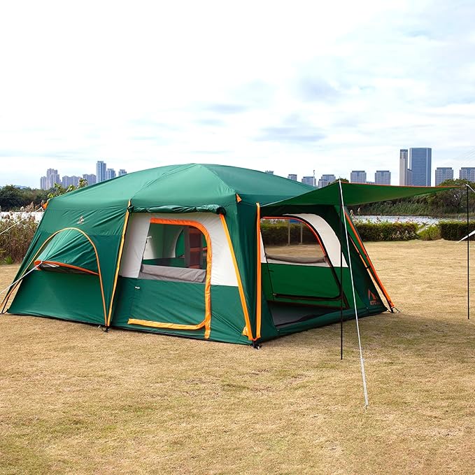 KTT Large Family Cabin Tent 10-12 Person,14.1X10X6.58ft,2 Rooms,3 Storage Pockets,2 Bay-Windows 3 Doors and 3 Windows with Mesh,Straight Wall,Waterproof,Double Layer,Big Tent for Outdoor,Camping