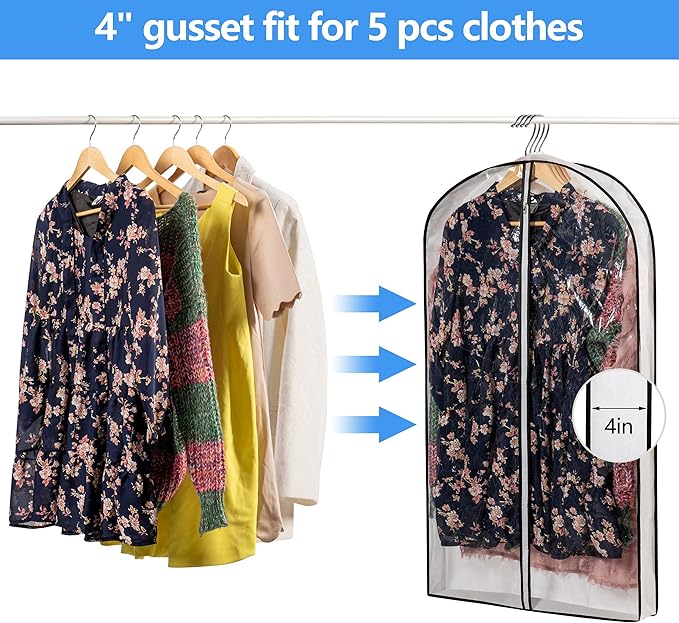 MsKitchen Clear Plastic Hanging Clothes Bags with 4" Gusseted Garment Bags for Storage, Suits, Coats, Sweaters, Shirts - 24" x 40" x 4"",3 Pack