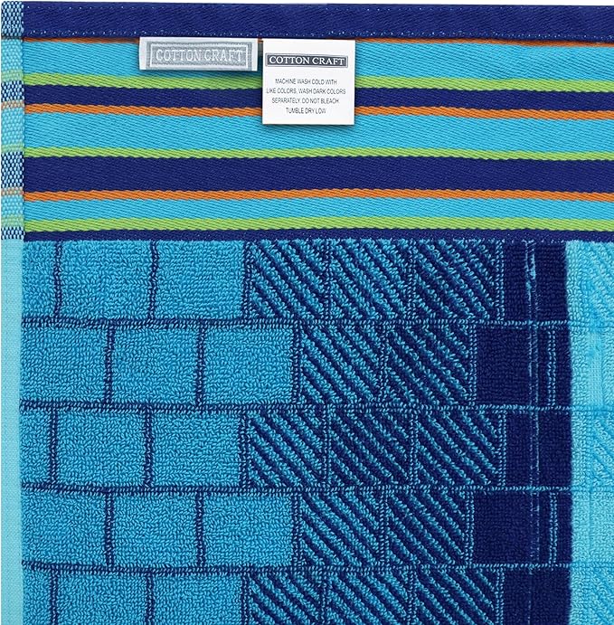 COTTON CRAFT Hooded Beach Towel - Oversized XXL 35x84 Towel with Hood for Adults - The Big Kahuna 7 Foot Large Beach Blanket Towel - Big & Tall - Soft 100% Cotton Velour Pool Bath Wrap - Blue Tiles