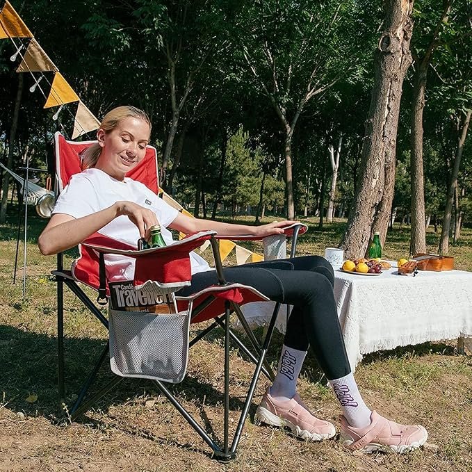 KingCamp Oversized Camping Chair, Portable Folding Outdoor Chairs with Comfortable Padded Seat, Side Pocket and Cup Holder for Fishing, Tailgates, Beach, Lawn, RED
