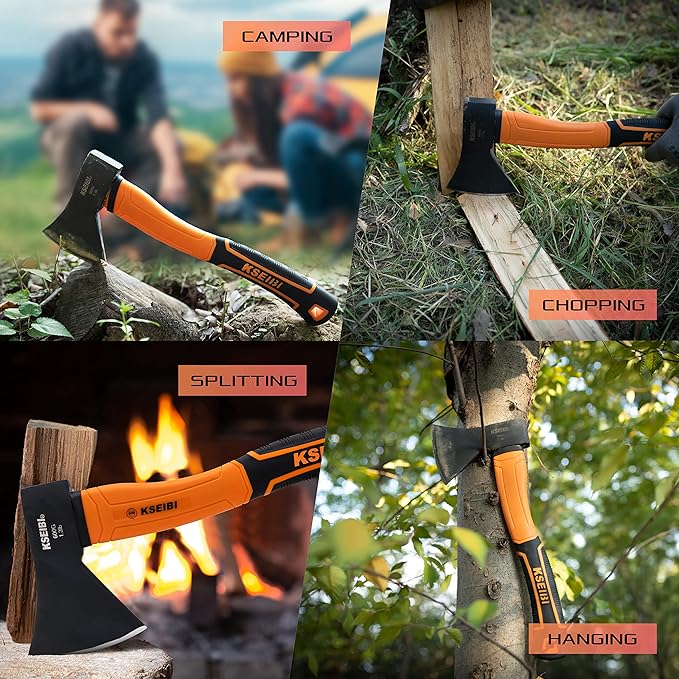 KSEIBI Wood Axe, Small Outdoor Camp Hatchet for Splitting and Kindling Wood, Forged Steel Blade with Anti-Slip and Shock Reduction Handle Great Throwing Axes and Hatchets (Modern)