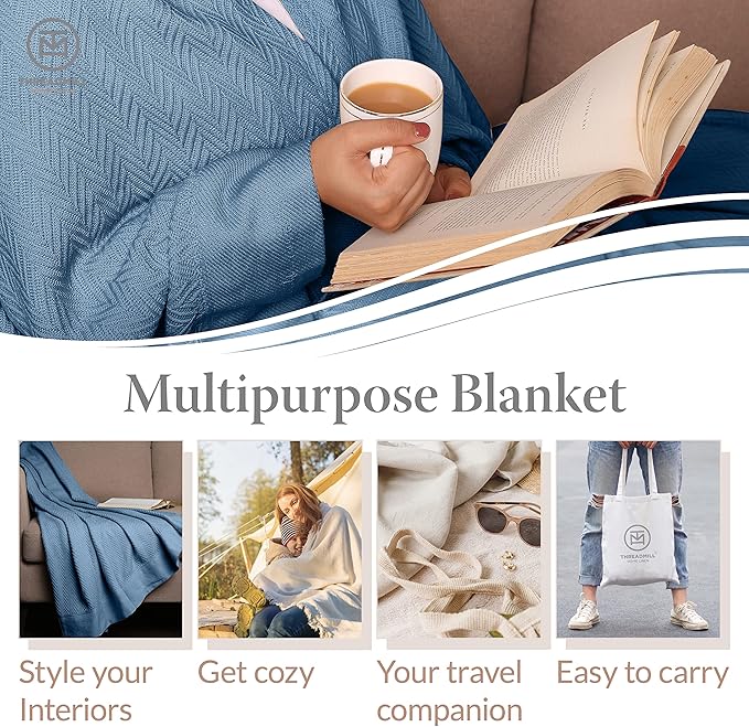 Threadmill Luxury Cotton Blankets for Twin Size Bed | All-Season 100% Cotton Twin Blanket for Bed | Herringbone Soft & Cozy Fall Thermal Blanket, 350GSM, 68x92 inches | Folkstone Blue