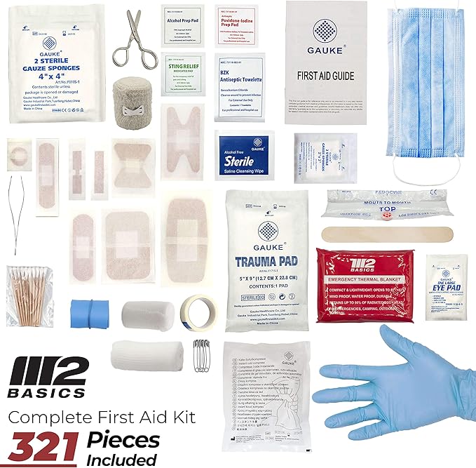 Premium 321 Piece First Aid Kit - M2 BASICS First Aid Kit for Home, Car, Business, Office, School, Travel, Camping, Outdoors - Emergency Medical Supplies, Durable Portable Hard Case