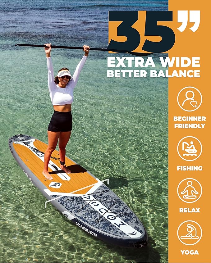 MOUSA 10‘8/11'×35" Extra Wide Inflatable Stand Up Paddle Board, Stable Paddleboard SUP for 2 People/Family, Anti-Slip Full EVA Deck, 3 Handles, 100L Backpack, All-Round Sup Board, Big Fin