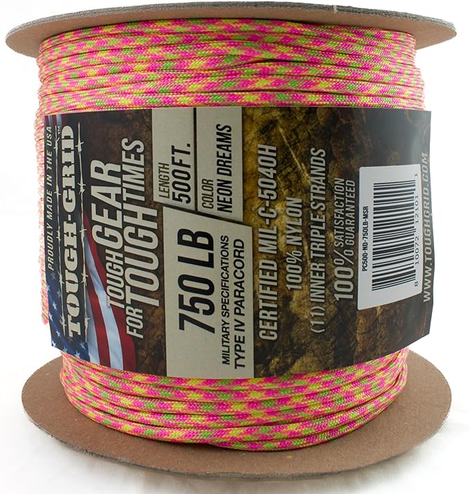 TOUGH-GRID Paracord Rope 750 lbs Nylon Parachute Cord, Made in USA Survival Kit, Outdoor Adventures, Camping, Tactical Gear & Emergency Supplies, Military Type IV Mil-Spec