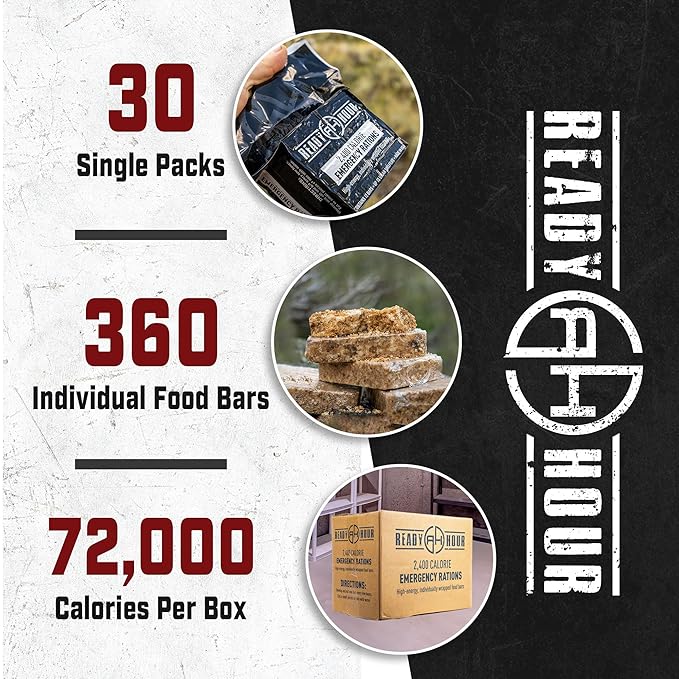 Ready Hour 2,400 Calorie Emergency Ration Bars (30-Pack), 72,000 Total Calories, Ration Emergency Food, High Calorie Meal Replacement and Camping Survival Food