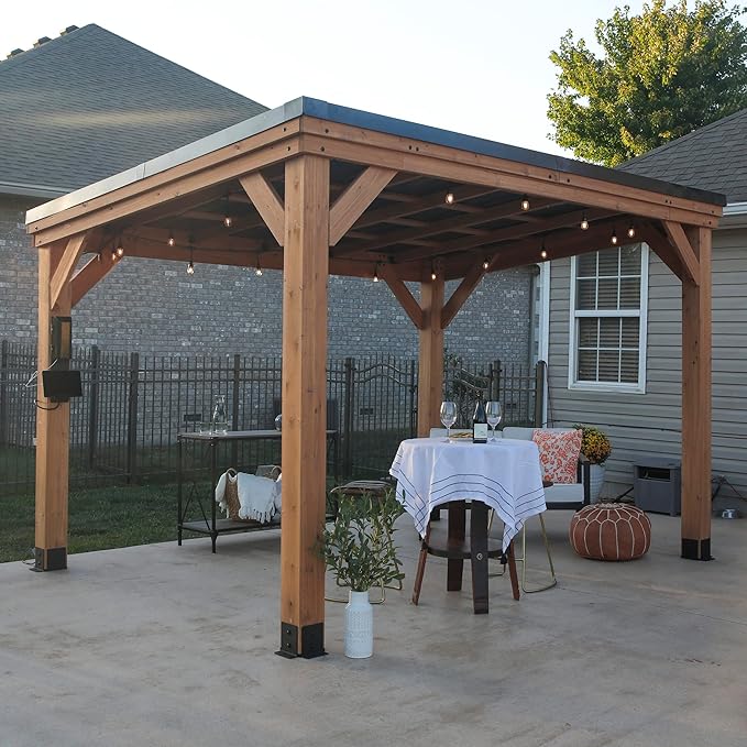 Backyard Discovery Arcadia 12' x 9.5' Cedar Wood Outdoor Gazebo Pavilion with Hardtop Galvanized Steel Slope Roof, Snow Support, Wind Resistance, PowerPort, Shade for Garden, Patio, Deck, Entertaining