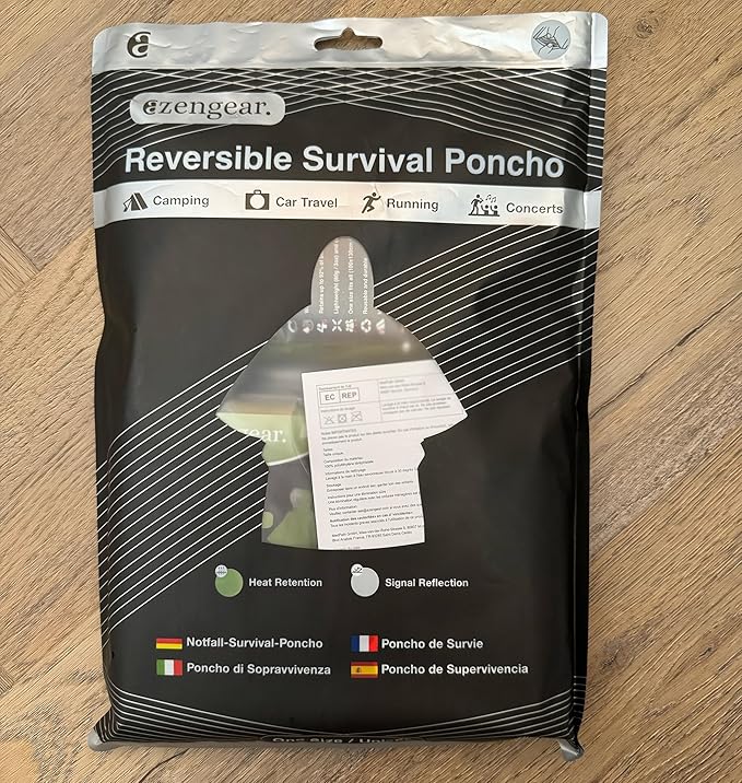 aZengear Emergency Survival Poncho (4pc) Thermal Mylar Foil Blanket for Heat Retention and Rain | Reversible with Hood | Waterproof, Windproof, Portable, Hands-Free, Outdoor Kit (Green)