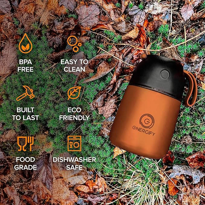 ENERGIFY Vacuum Insulated Food Jar. Large 17oz Bowl incl Folding Spoon, Cup. Wide Mouth Keep Hot & Cold Drinks Soup Lunch Container for Adults BPA-Free Stainless Steel, Leak Prooff Spiced copper