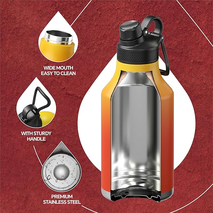 IDEUS Insulated Stainless Steel Water Bottle with 2 Leak-Proof Lids, Thermal Water Flask for Hiking Biking, 64oz, Yellow