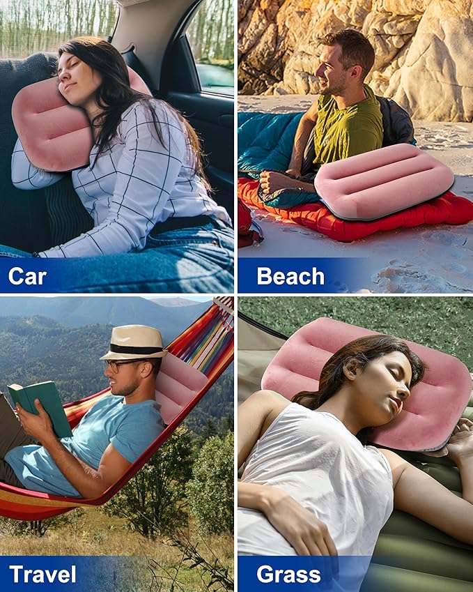 Ultralight Inflatable Camping Pillow for Sleeping – Soft Velvet Cover, Compact & Portable, Ergonomic Neck Support, Machine Washable Air Pillow, Perfect for Travel, Hiking, Backpacking – Pink