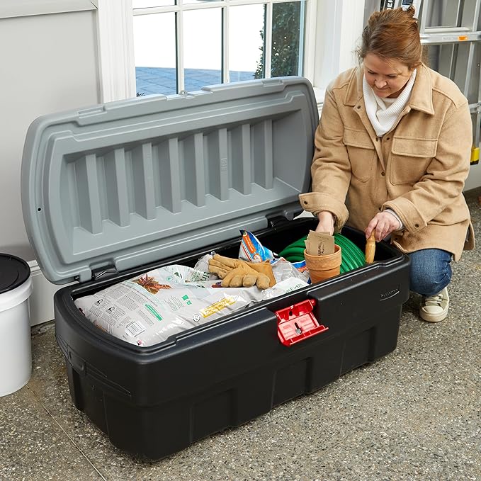 Rubbermaid 48 Gallon Black Action Packer Lockable Latch Indoor and Outdoor Storage Box Container for Home, Garage, Backyard, Single