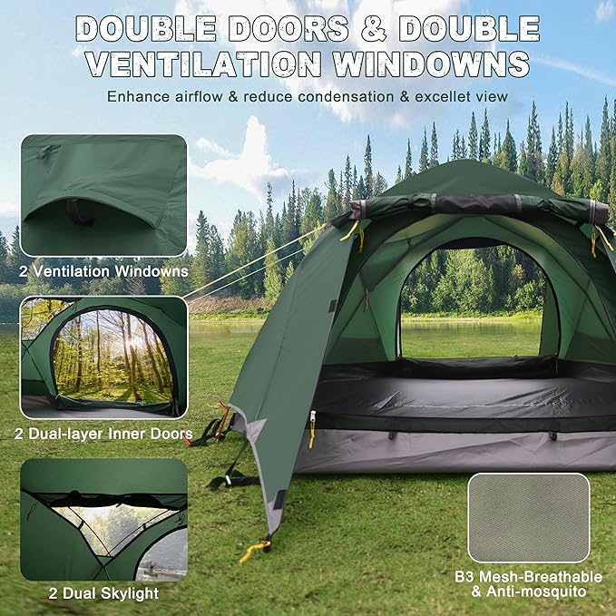 2-3 Person Backpacking Tent Double Doors 2 Vestibule 2 Skylight, Two Person Tents Waterproof Windproof 2 Man Tent for Camping Hiking Motor Cycling Biking Fishing Mountaineering UPF 50+