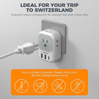 Switzerland Power Adapter 2 Pack, TESSAN Type J Adaptor with 4 Outlets 3 USB Charging Ports(1 USB C), Swiss Travel Plug for US to Switzerland, Liechtenstein, Rwanda