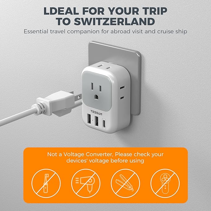 Switzerland Travel Plug Adapter 2 Pack, TESSAN Type J Adaptor with 4 Outlets 3 USB Charging Ports(1 USB C PD 20W), Swiss Travel Plug for US to Switzerland, Liechtenstein, Rwanda
