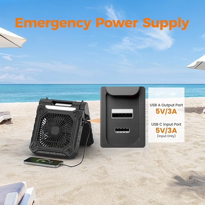 KITWLEMEN 10.2 Inch Solar Camping Fan with Light- Rechargeable Battery Operated Fan, 38H Run Time, 3 Speed, 6H Timer, SOS Signal, Portable Desk Fan for Camping Fishing RV Trips Hurricane Power Outage