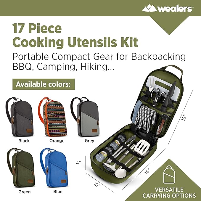 Camp Kitchen Cooking Utensil Set Travel Organizer Grill Accessories Portable Compact Gear for Backpacking BBQ Camping Hiking Travel Cookware Kit Water Resistant Case