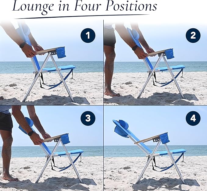 Caribbean Joe Folding Beach Chair, 4 Position Portable Backpack Foldable Camping Chair with Headrest, Cup Holder, and Wooden Armrests, 300 lb Capacity
