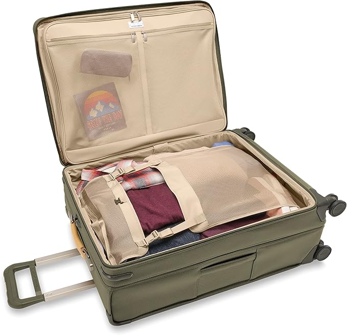 Briggs & Riley 29" Large Expandable Spinner - Checked Luggage for Travel, Suitcases with Wheels, Softside Rolling Bag for Men & Women, Self-Repairing Zipper - Baseline Collection, Olive