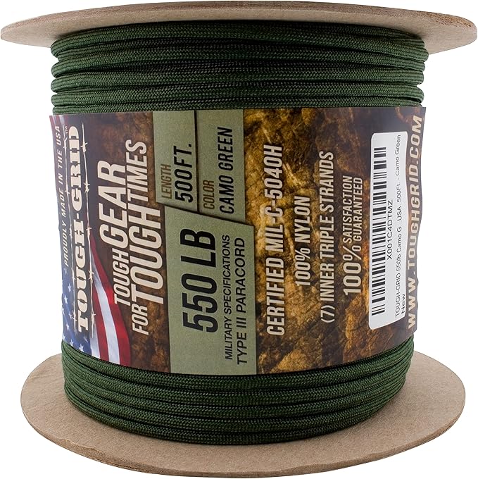 TOUGH-GRID 550 Paracord Rope Nylon Parachute Cord, Made in USA Survival Kit, Outdoor Adventures, Camping, Tactical Gear & Emergency Supplies, Military Type III Mil-Spec