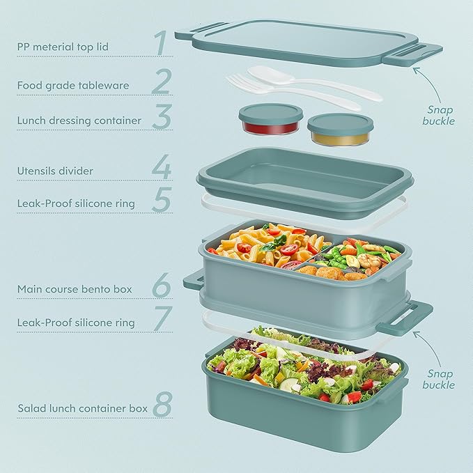Jelife Bento Box Adult Lunch Box - 72oz Stackable Bento Lunch Box for Adults, 3 Layers All-in-One Large Bento Box Leak-Proof Lunchbox with Utensil Sauce Dressing Containers for Dining Out,Work, Green