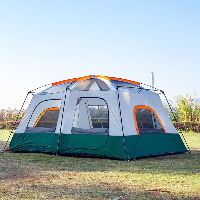 KTT Large Family Cabin Tent 10-12 Person,14.1X10X6.58ft,2 Rooms,3 Storage Pockets,2 Bay-Windows 3 Doors and 3 Windows with Mesh,Straight Wall,Waterproof,Double Layer,Big Tent for Outdoor,Camping