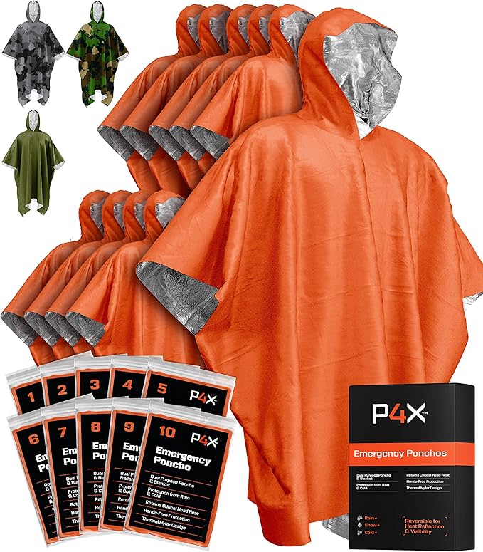 PREPARED4X Emergency Poncho and Mylar Blanket Liner - Waterproof, Wind-Resistant Outdoor Rain Poncho for Camping, Emergencies