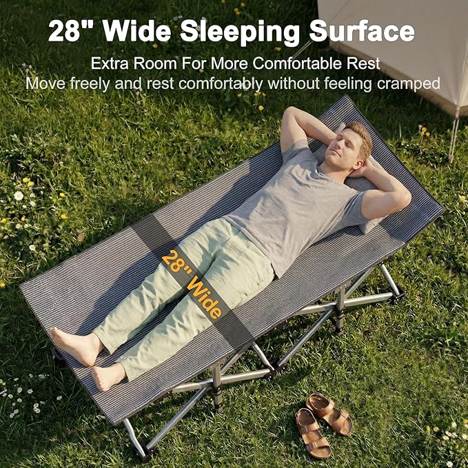 ABORON Camping Cot for Adult 28" Extra Wide, Heavy-Duty 1200D Oxford Cot for Sleeping, Portable Folding Camp Bed with Mat & Carry Bag