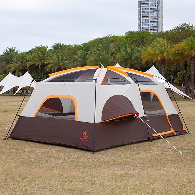 KTT Large Family Cabin Tent 10-12 Person,14.1X10X6.58ft,2 Rooms,3 Storage Pockets,2 Bay-Windows 3 Doors and 3 Windows with Mesh,Straight Wall,Waterproof,Double Layer,Big Tent for Outdoor,Camping